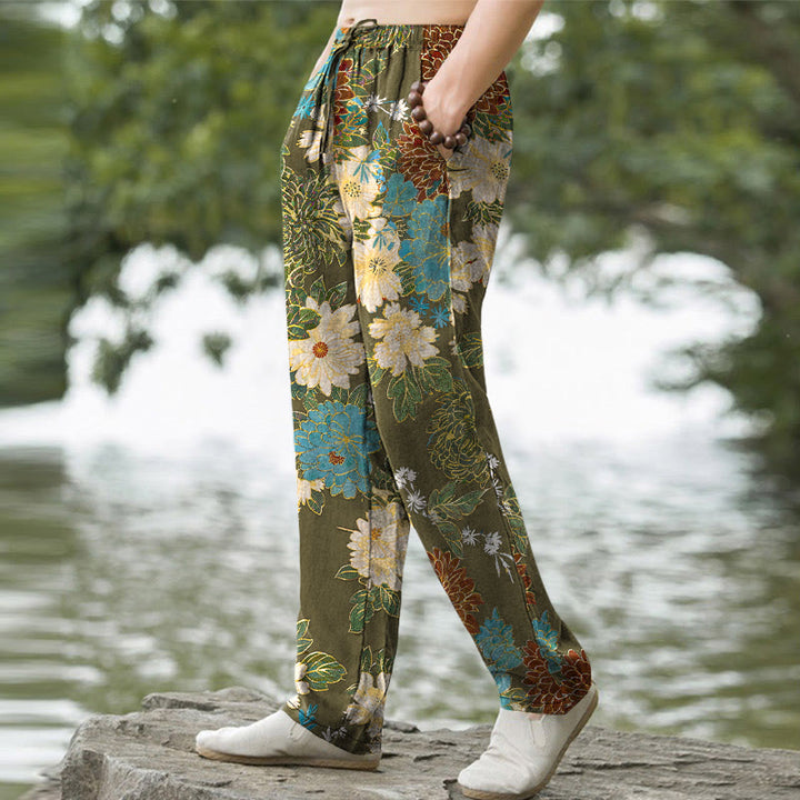 Buddha Stones Cotton Peony Chrysanthemum Turquoise Floral Pattern Men's Tapered Pants With Pockets - image 5