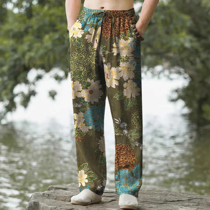 Buddha Stones Cotton Peony Chrysanthemum Turquoise Floral Pattern Men's Tapered Pants With Pockets - Olive - US/UK/AU50，EU60 (5XL) - image 4
