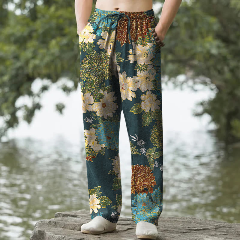 Buddha Stones Cotton Peony Chrysanthemum Turquoise Floral Pattern Men's Tapered Pants With Pockets - SteelBlue - US/UK/AU50，EU60 (5XL) - image 6