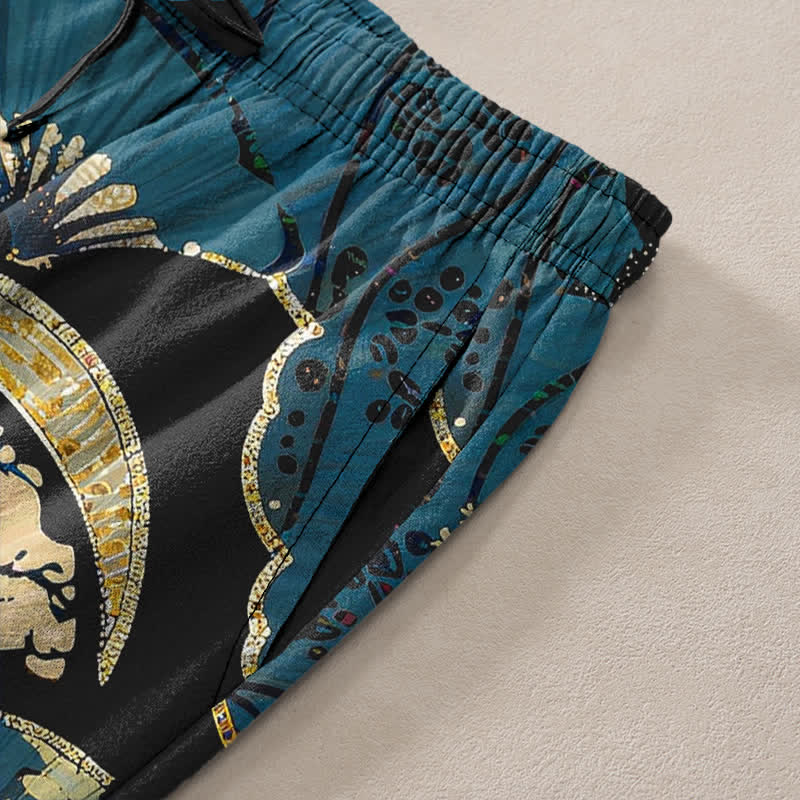 Buddha Stones Cotton Oriental Folding Fan Floral Pattern Men's Tapered Pants With Pockets - image 2