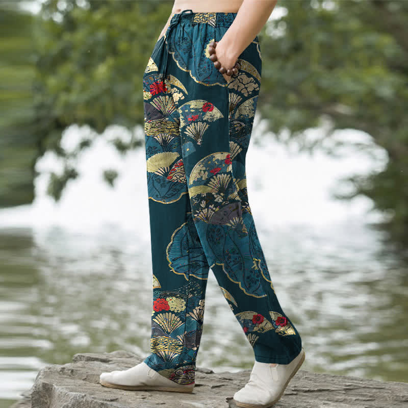 Buddha Stones Cotton Oriental Folding Fan Floral Pattern Men's Tapered Pants With Pockets - image 5