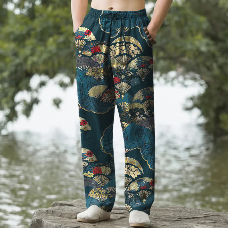 Buddha Stones Cotton Oriental Folding Fan Floral Pattern Men's Tapered Pants With Pockets - SteelBlue - US/UK/AU50，EU60 (5XL) - image 4