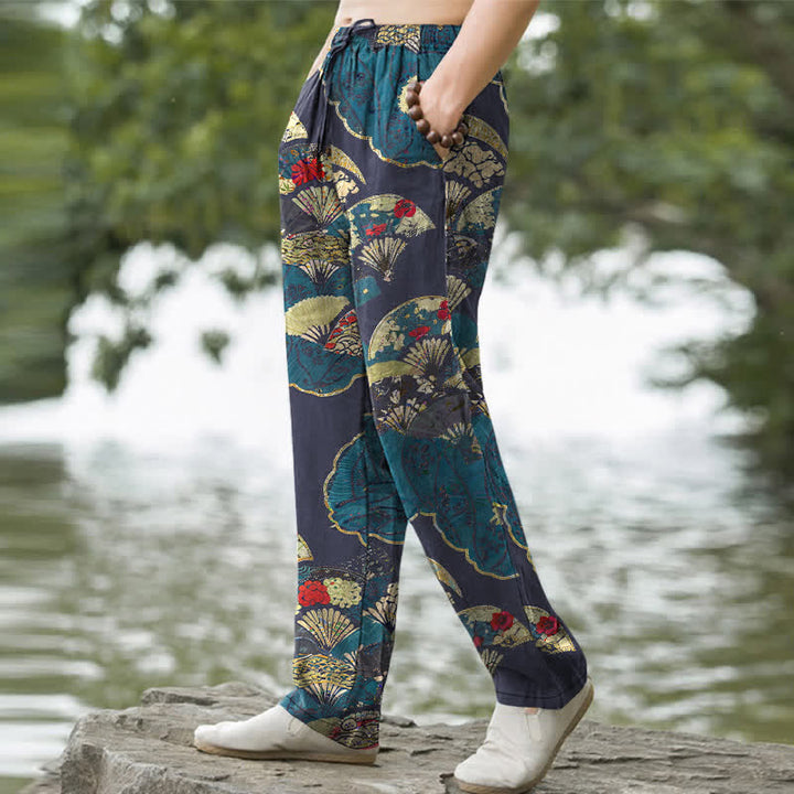 Buddha Stones Cotton Oriental Folding Fan Floral Pattern Men's Tapered Pants With Pockets - image 7