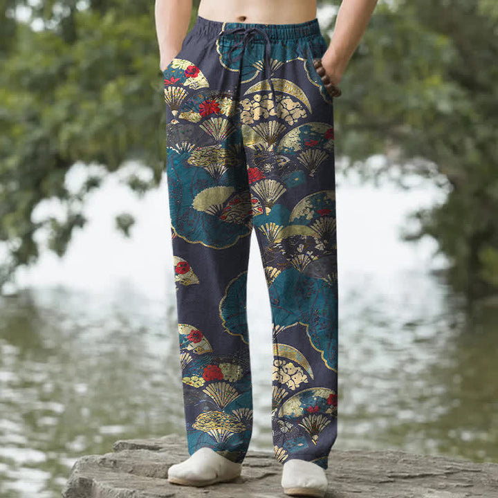 Buddha Stones Cotton Oriental Folding Fan Floral Pattern Men's Tapered Pants With Pockets - DarkSlateBlue - US/UK/AU50，EU60 (5XL) - image 6