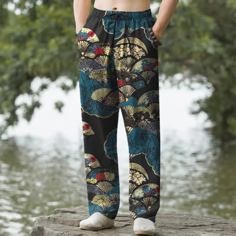 Buddha Stones Cotton Oriental Folding Fan Floral Pattern Men's Tapered Pants With Pockets - Black - US/UK/AU50，EU60 (5XL) - image 0