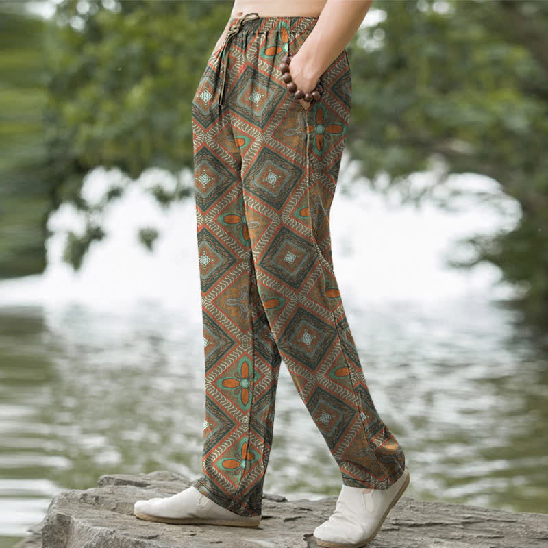 Buddha Stones Cotton Bohemian Diamond Floral Pattern Men's Tapered Pants With Pockets - image 5