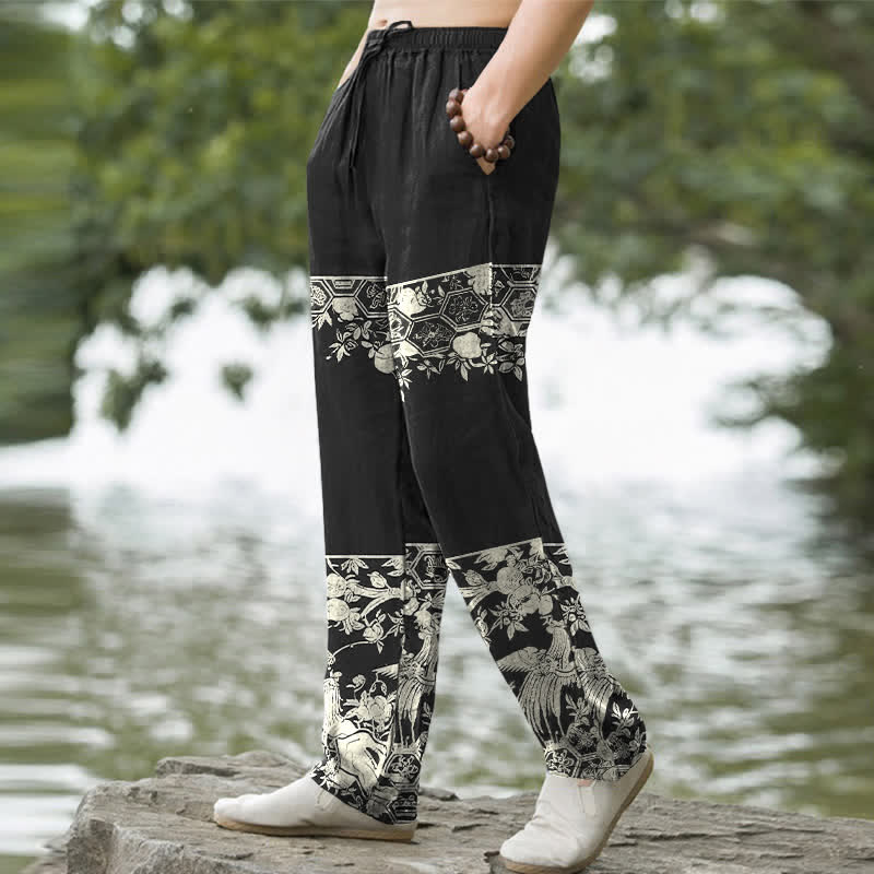 Buddha Stones Cotton Ivory Floral Band Pattern Men's Tapered Pants With Pockets - image 1