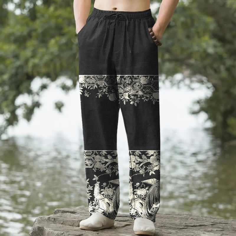 Buddha Stones Cotton Ivory Floral Band Pattern Men's Tapered Pants With Pockets - Black - US/UK/AU50，EU60 (5XL) - image 0