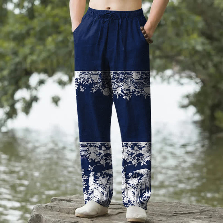 Buddha Stones Cotton Ivory Floral Band Pattern Men's Tapered Pants With Pockets - Navy - US/UK/AU50，EU60 (5XL) - image 4