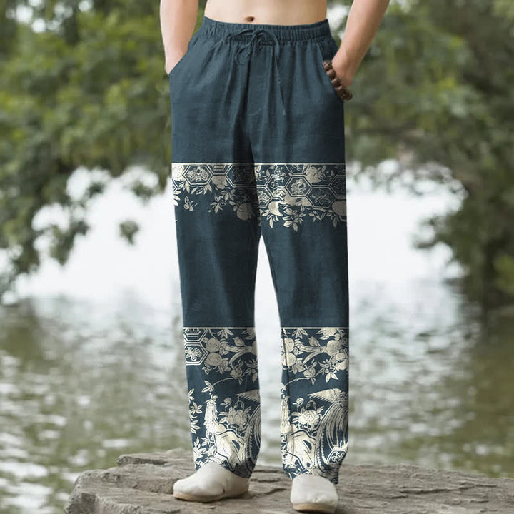 Buddha Stones Cotton Ivory Floral Band Pattern Men's Tapered Pants With Pockets - DarkCyan - US/UK/AU50，EU60 (5XL) - image 6