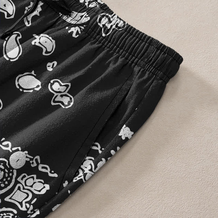 Buddha Stones Cotton Black White Paisley Patchwork Pattern Men's Tapered Pants With Pockets - image 2