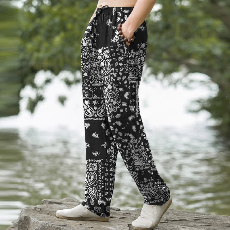 Buddha Stones Cotton Black White Paisley Patchwork Pattern Men's Tapered Pants With Pockets - image 1