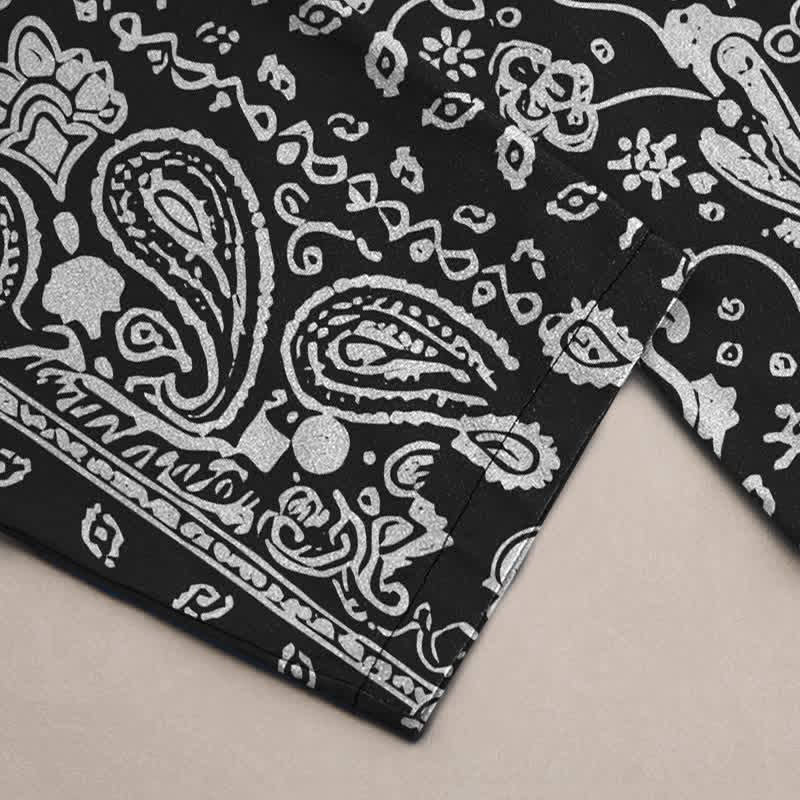 Buddha Stones Cotton Black White Paisley Patchwork Pattern Men's Tapered Pants With Pockets - image 3