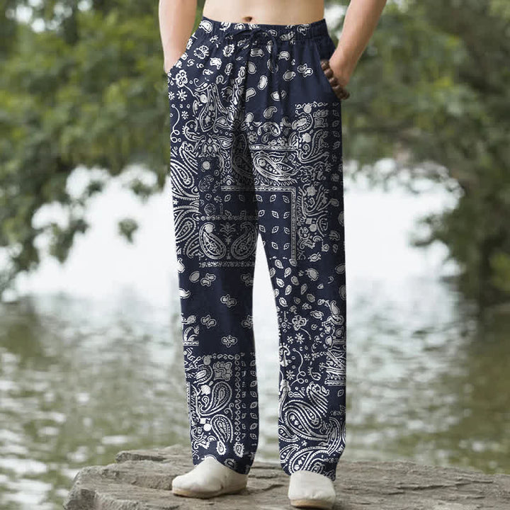 Buddha Stones Cotton Black White Paisley Patchwork Pattern Men's Tapered Pants With Pockets - Navy - US/UK/AU50，EU60 (5XL) - image 4
