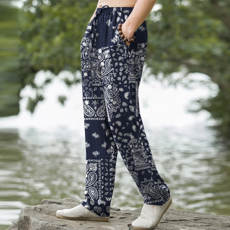 Buddha Stones Cotton Black White Paisley Patchwork Pattern Men's Tapered Pants With Pockets - image 5