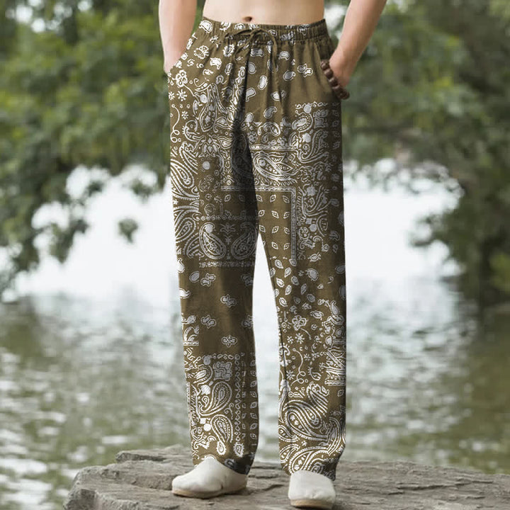 Buddha Stones Cotton Black White Paisley Patchwork Pattern Men's Tapered Pants With Pockets - OliveDrab - US/UK/AU50，EU60 (5XL) - image 6