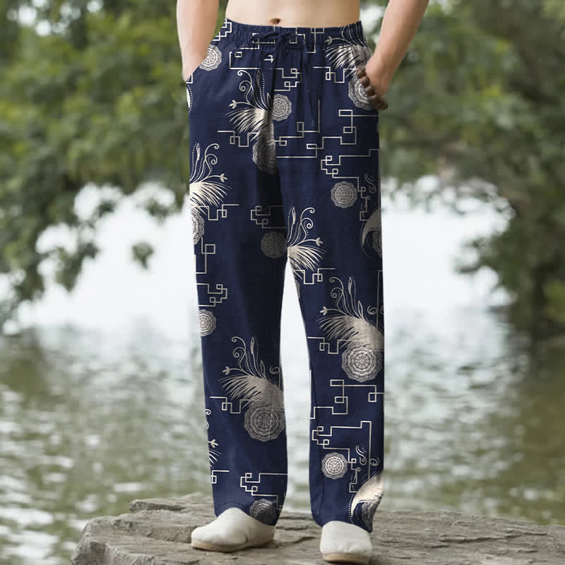 Buddha Stones Cotton Feather Geometric Pattern Men's Tapered Pants With Pockets - Navy - US/UK/AU50，EU60 (5XL) - image 0