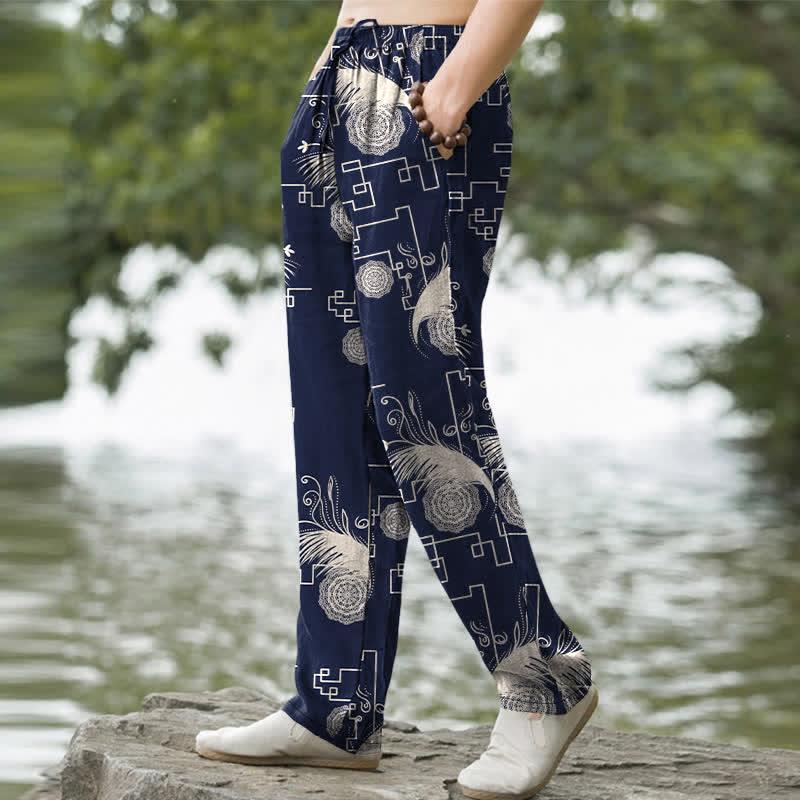 Buddha Stones Cotton Feather Geometric Pattern Men's Tapered Pants With Pockets - image 1