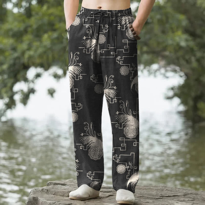 Buddha Stones Cotton Feather Geometric Pattern Men's Tapered Pants With Pockets - Black - US/UK/AU50，EU60 (5XL) - image 4