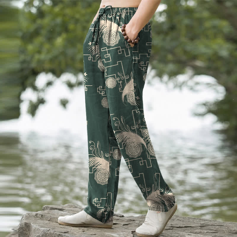 Buddha Stones Cotton Feather Geometric Pattern Men's Tapered Pants With Pockets - image 7