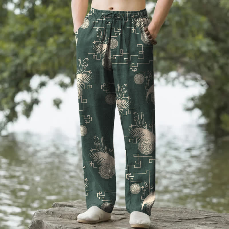 Buddha Stones Cotton Feather Geometric Pattern Men's Tapered Pants With Pockets - ForestGreen - US/UK/AU50，EU60 (5XL) - image 6