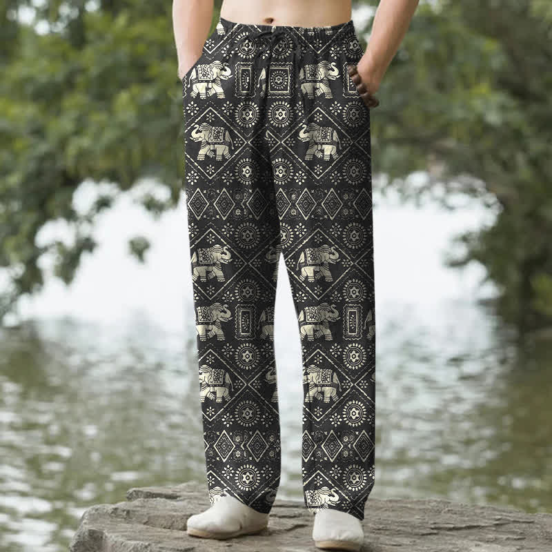 Buddha Stones Cotton Ivory Elephant Mandala Geometry Pattern Men's Tapered Pants With Pockets - Black - US/UK/AU50，EU60 (5XL) - image 0
