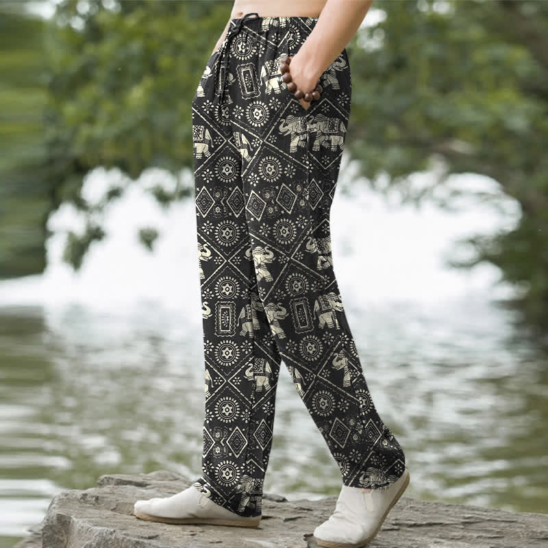 Buddha Stones Cotton Ivory Elephant Mandala Geometry Pattern Men's Tapered Pants With Pockets - image 1