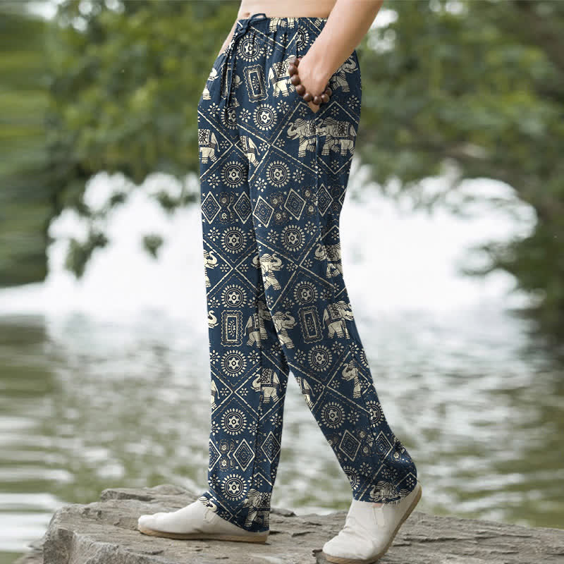 Buddha Stones Cotton Ivory Elephant Mandala Geometry Pattern Men's Tapered Pants With Pockets - image 5
