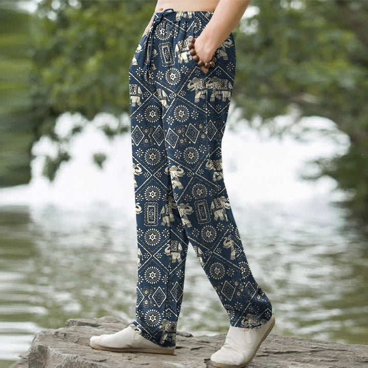Buddha Stones Cotton Ivory Elephant Mandala Geometry Pattern Men's Tapered Pants With Pockets - image 5