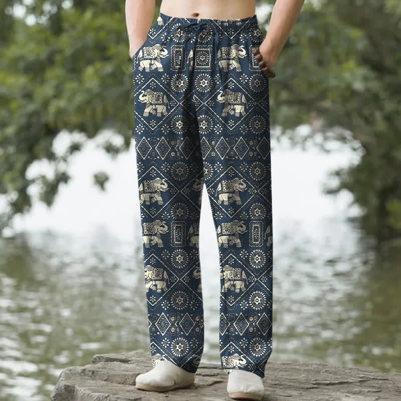 Buddha Stones Cotton Ivory Elephant Mandala Geometry Pattern Men's Tapered Pants With Pockets - Navy - US/UK/AU50，EU60 (5XL) - image 4