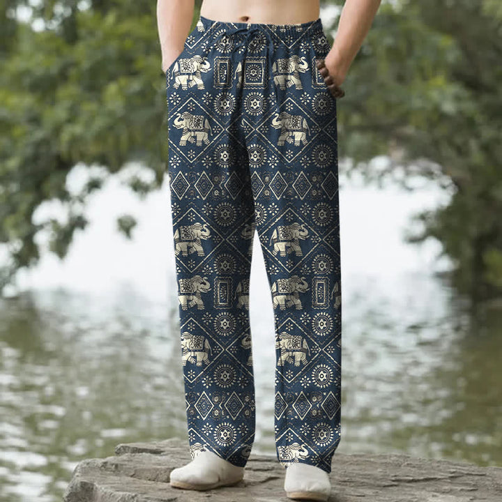 Buddha Stones Cotton Ivory Elephant Mandala Geometry Pattern Men's Tapered Pants With Pockets - Navy - US/UK/AU50，EU60 (5XL) - image 4