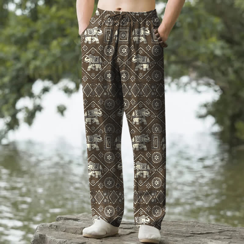 Buddha Stones Cotton Ivory Elephant Mandala Geometry Pattern Men's Tapered Pants With Pockets - SaddleBrown - US/UK/AU50，EU60 (5XL) - image 6