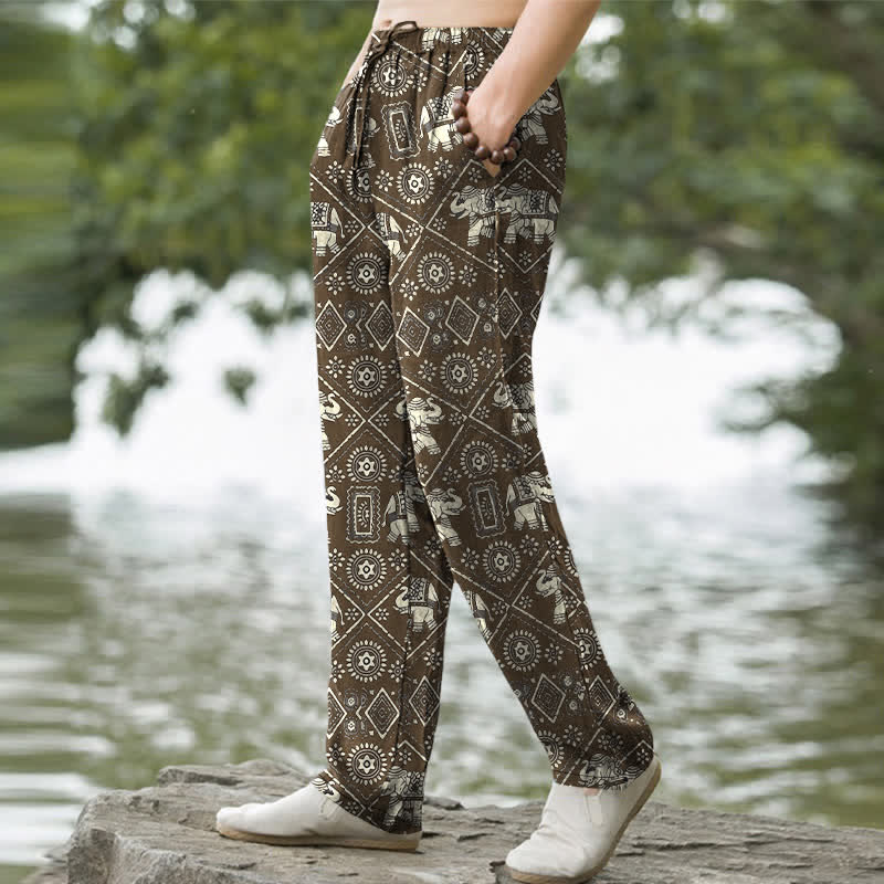 Buddha Stones Cotton Ivory Elephant Mandala Geometry Pattern Men's Tapered Pants With Pockets - image 7