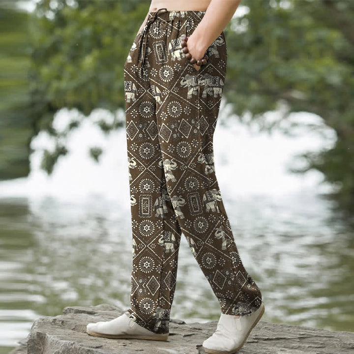 Buddha Stones Cotton Ivory Elephant Mandala Geometry Pattern Men's Tapered Pants With Pockets - image 7
