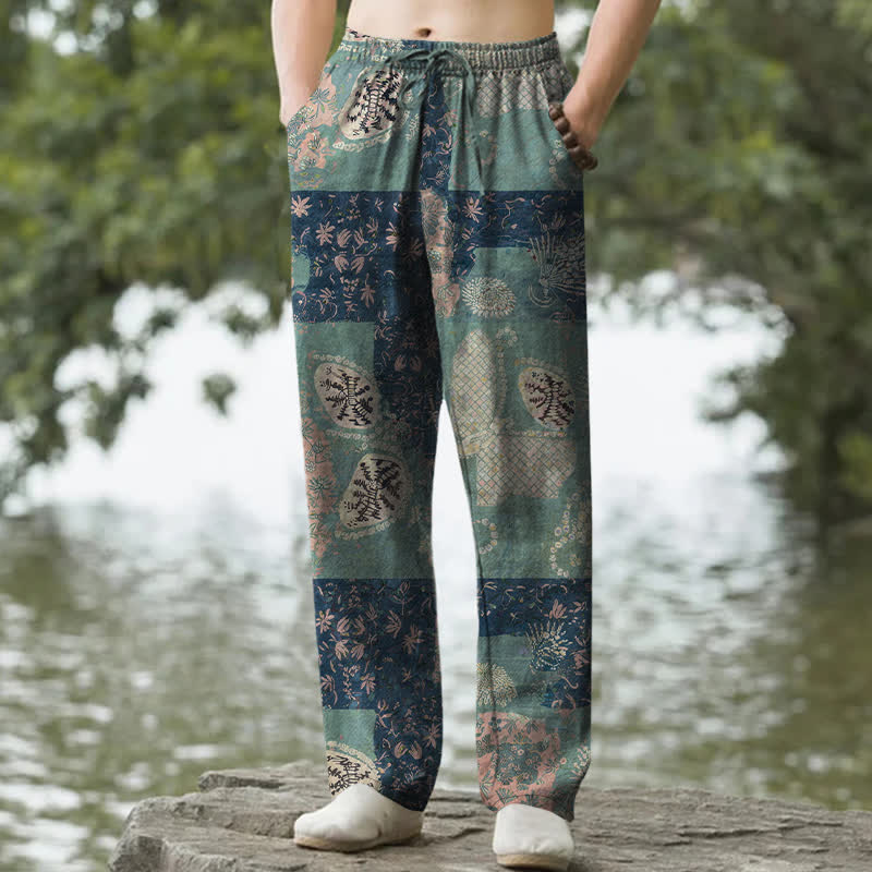 Buddha Stones Cotton Boho Patchwork Floral Pattern Men's Tapered Pants With Pockets - SeaGreen - US/UK/AU50，EU60 (5XL) - image 0