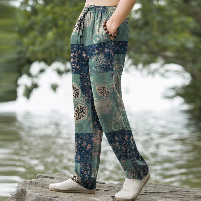 Buddha Stones Cotton Boho Patchwork Floral Pattern Men's Tapered Pants With Pockets - image 1