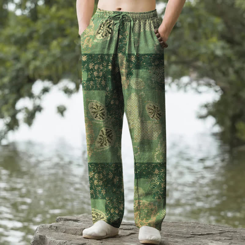 Buddha Stones Cotton Boho Patchwork Floral Pattern Men's Tapered Pants With Pockets - OliveDrab - US/UK/AU50，EU60 (5XL) - image 4