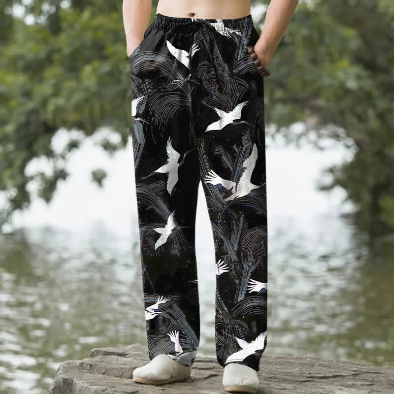 Buddha Stones Cotton White Crane Ink Wave Pattern Men's Tapered Pants With Pockets - Black - US/UK/AU50，EU60 (5XL) - image 0