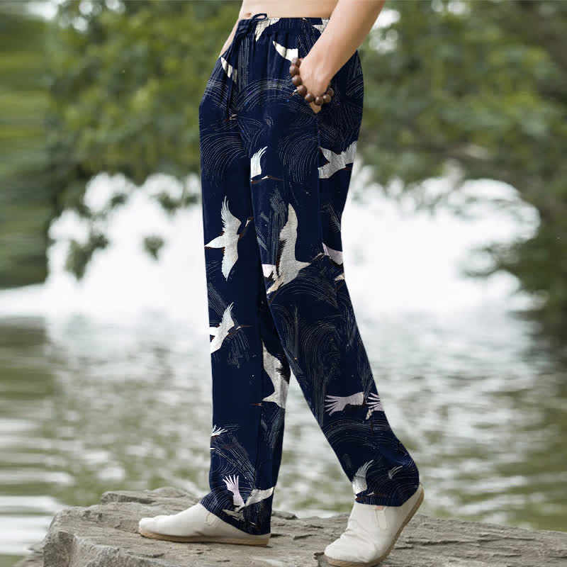 Buddha Stones Cotton White Crane Ink Wave Pattern Men's Tapered Pants With Pockets - image 5
