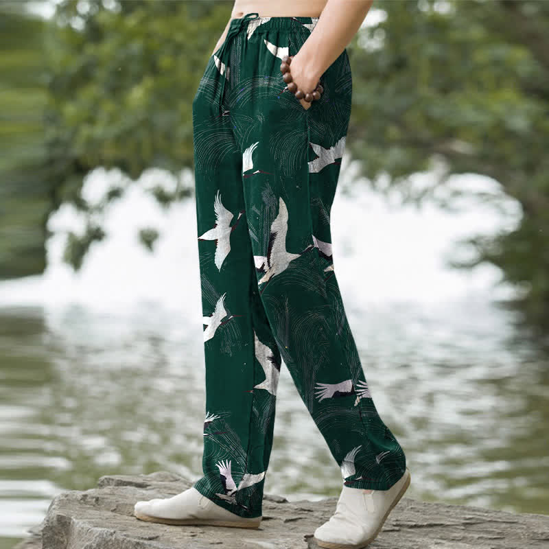 Buddha Stones Cotton White Crane Ink Wave Pattern Men's Tapered Pants With Pockets - image 7