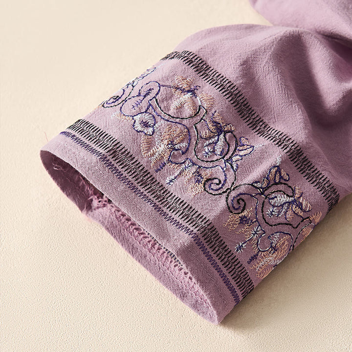 Buddha Stones Casual Embroidered Flowers Slant Collar Strap Long Sleeve Women's Shirt - image 15