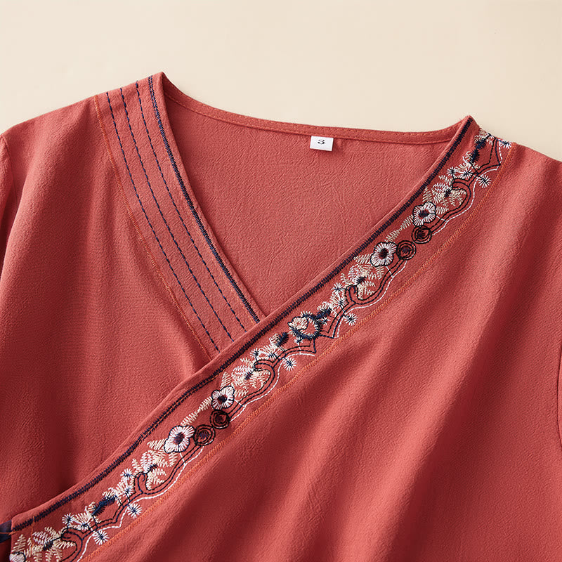 Buddha Stones Casual Embroidered Flowers Slant Collar Strap Long Sleeve Women's Shirt - image 1