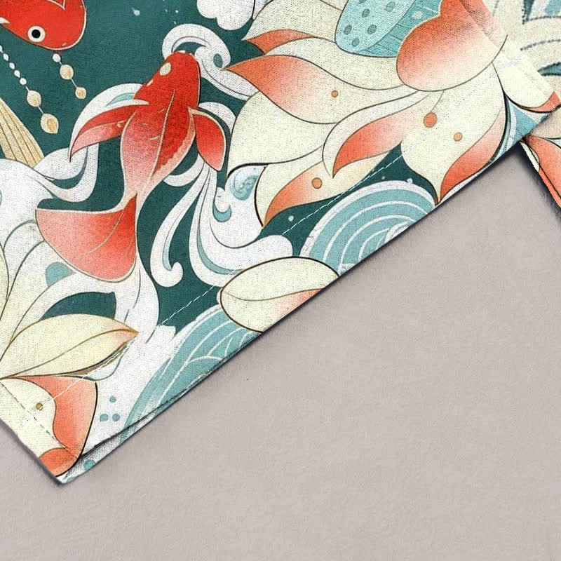 Buddha Stones Pure Cotton Lotus Red Koi Fish Pattern Women's Elastic Waist Pants With Pockets - image 1