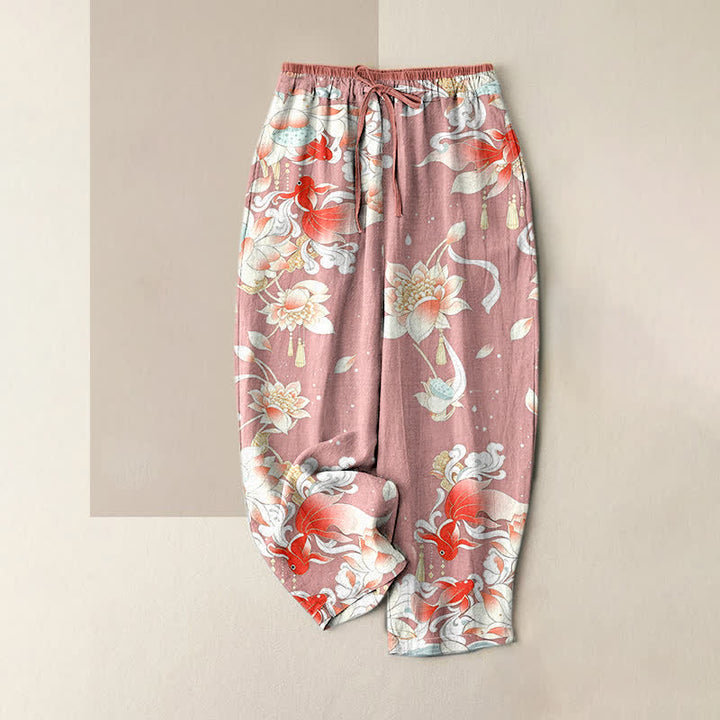 Buddha Stones Pure Cotton Lotus Red Koi Fish Pattern Women's Elastic Waist Pants With Pockets - LightPink - US16，UK/AU20，EU48 (3XL) - image 4