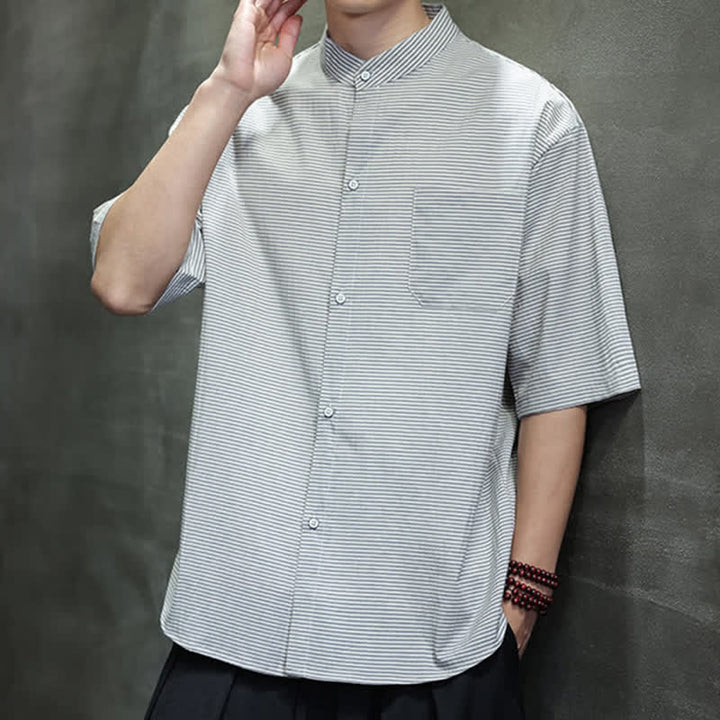 Buddha Stones Summer Casual Mandarin Collar Pinstripe Pattern Button Up Men's Short Sleeve Shirts - image 4