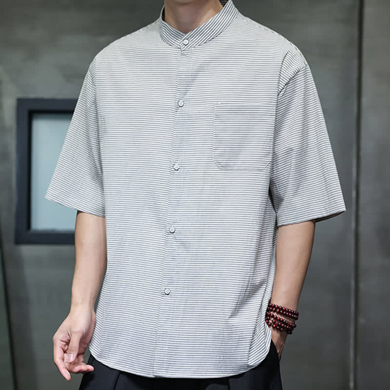 Buddha Stones Summer Casual Mandarin Collar Pinstripe Pattern Button Up Men's Short Sleeve Shirts - image 7