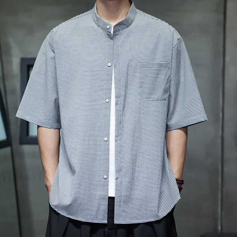 Buddha Stones Summer Casual Mandarin Collar Pinstripe Pattern Button Up Men's Short Sleeve Shirts - LightBlue - US/UK/AU46，EU56 (5XL) - image 8