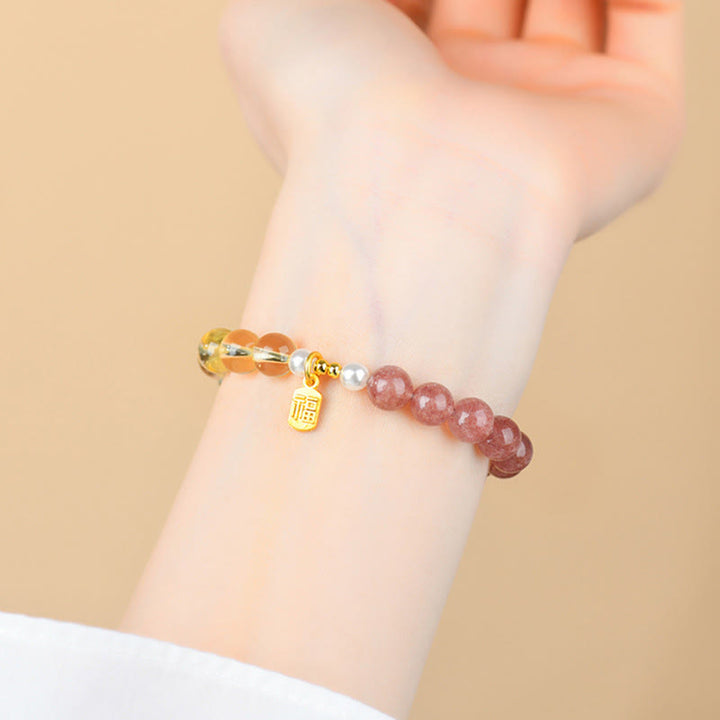 Buddha Stones Strawberry Quartz Citrine Five Elements Fu Character Luck Bracelet - image 2