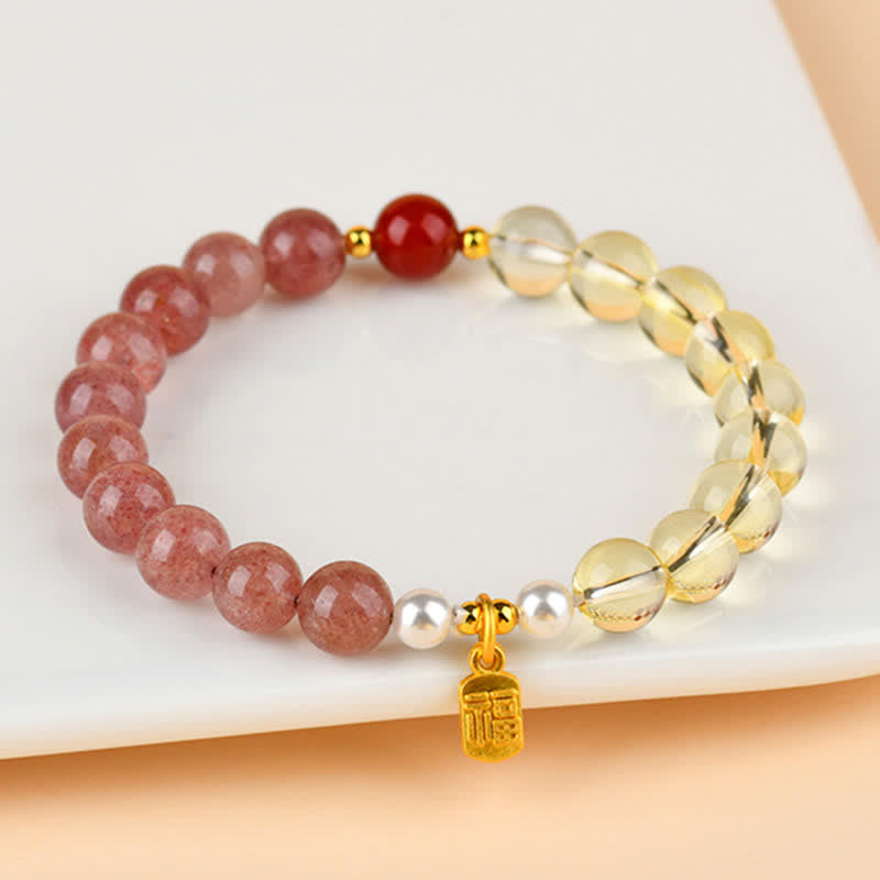Buddha Stones Strawberry Quartz Citrine Five Elements Fu Character Luck Bracelet - image 1