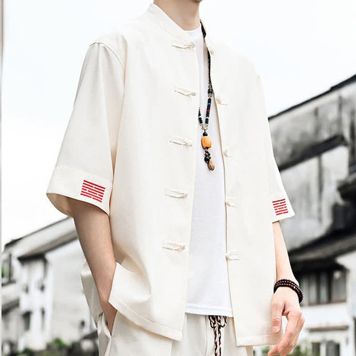 Buddha Stones Summer Tang Style Frog Button Solid Men's Short Sleeve Shirts - image 8